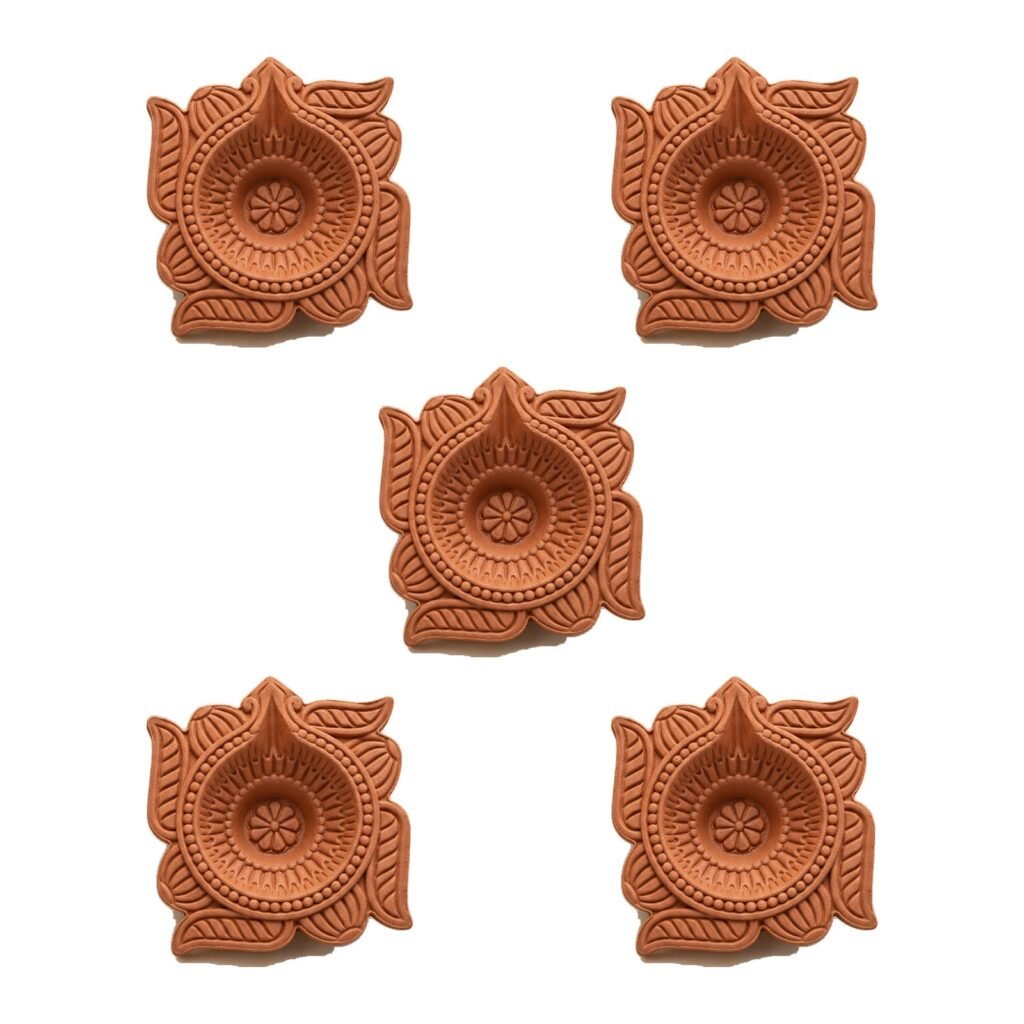 Set of 5 handmade Lotus Square terracotta clay diyas for Diwali — GG Gift, Jaipur