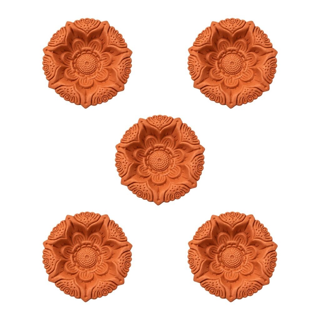 Set of 5 handmade Lotus Bloom terracotta clay diyas for Diwali — GG Gift, Jaipur