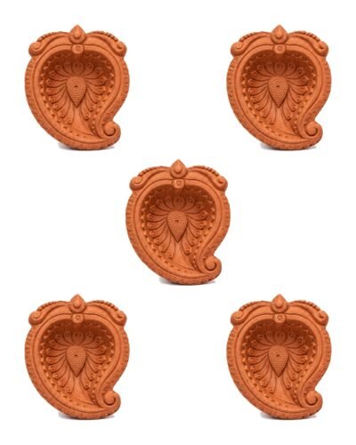 Set of 5 handmade Paisley Ambi terracotta clay diyas for Diwali — GG Gift, Jaipur