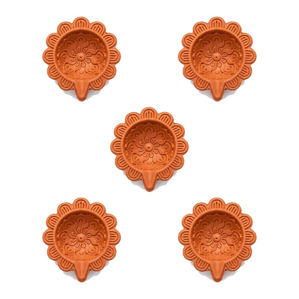 Set of 5 handmade Sunflower Mandala terracotta clay diyas for Diwali — GG Gift, Jaipur