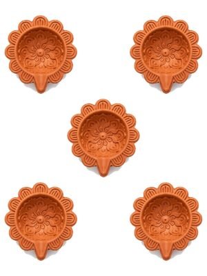 Set of 5 handmade Sunflower Mandala terracotta clay diyas for Diwali — GG Gift, Jaipur