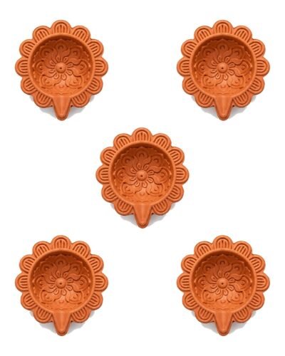 Set of 5 handmade Sunflower Mandala terracotta clay diyas for Diwali — GG Gift, Jaipur