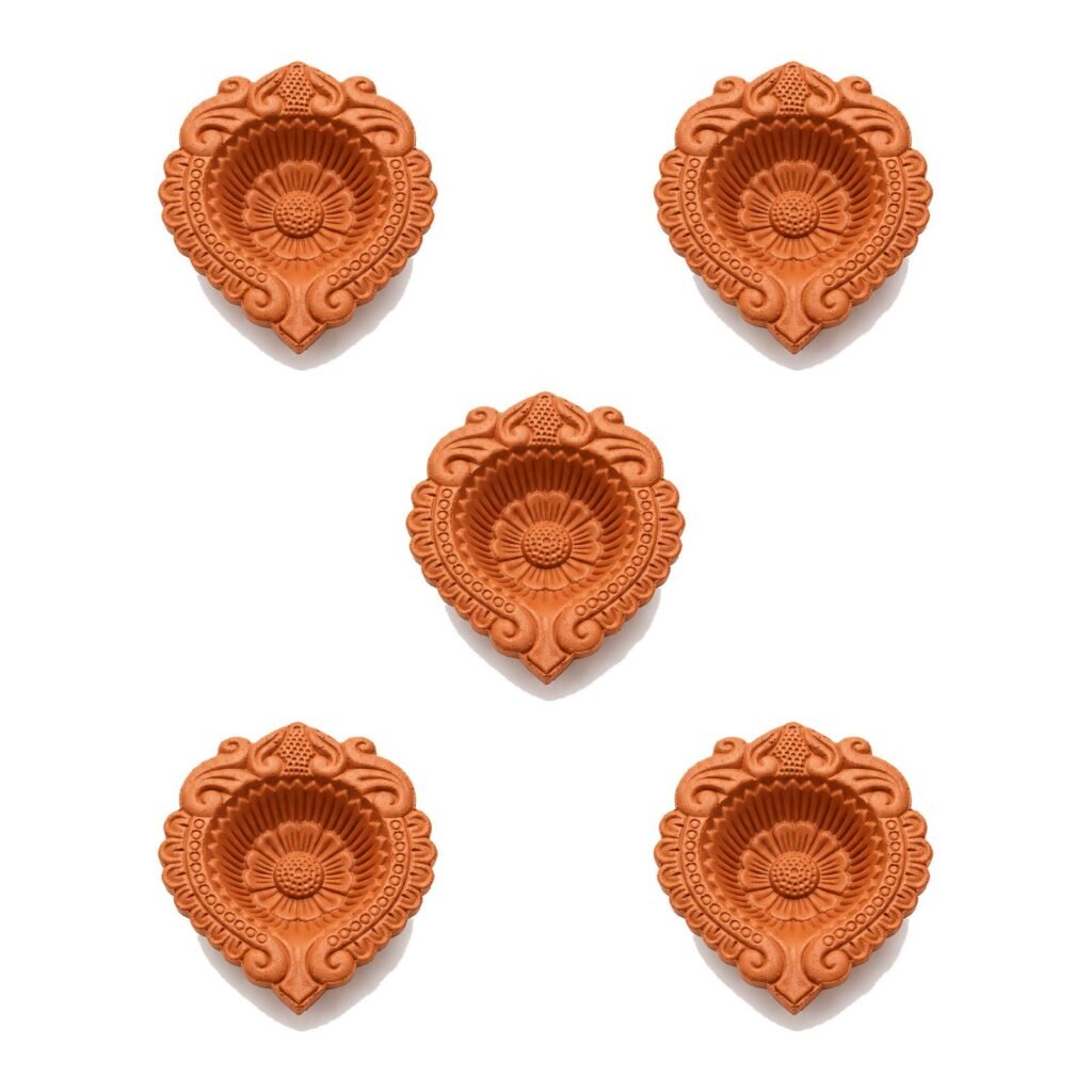 Set of 5 handmade Royal Sunflower terracotta clay diyas for Diwali — GG Gift, Jaipur