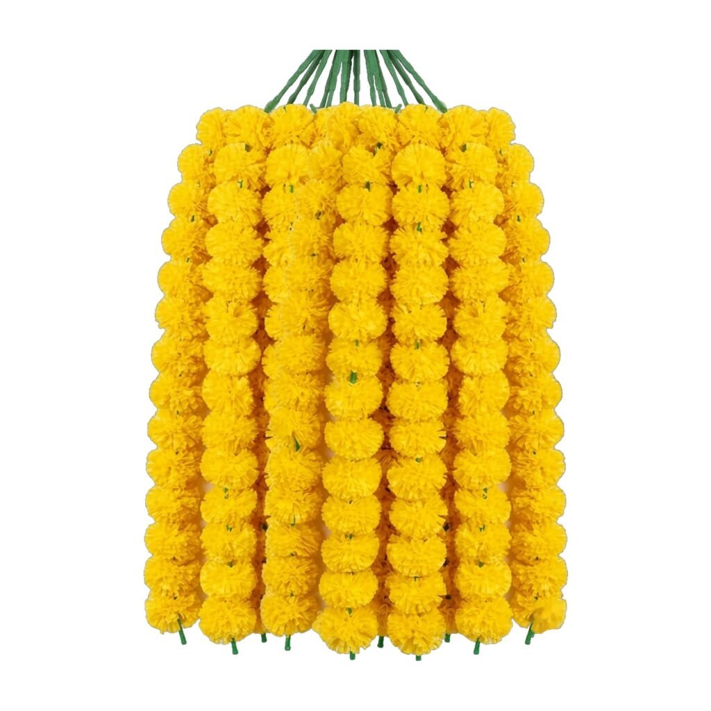 Pack of 5 artificial yellow marigold garlands, 4.5 ft genda phool mala — GG Gift, Jaipur