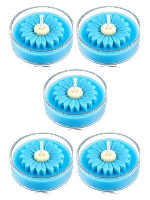 Set of 5 blue jasmine scented soy wax tea light candles with a hand moulded flower — GG Gift, Jaipur