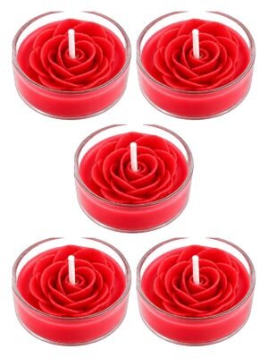 Set of 5 red rose scented soy wax tea light candles with a hand moulded flower — GG Gift, Jaipur