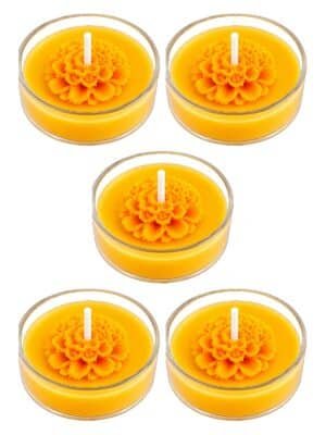 Set of 5 yellow lemongrass scented soy wax tea light candles with a hand moulded flower — GG Gift, Jaipur