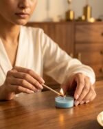 Blue jasmine scented soy wax tea light candles lit for Diwali — GG Gift, Jaipur