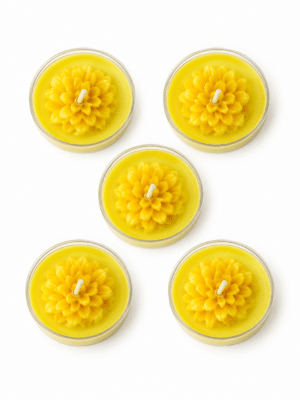 Set of 5 yellow lemongrass scented soy wax tea light candles with a hand moulded flower — GG Gift, Jaipur