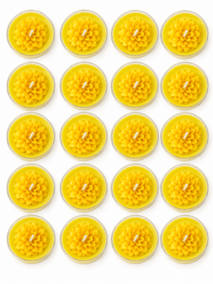Set of 20 yellow lemongrass scented soy wax tea light candles with a hand moulded flower — GG Gift, Jaipur