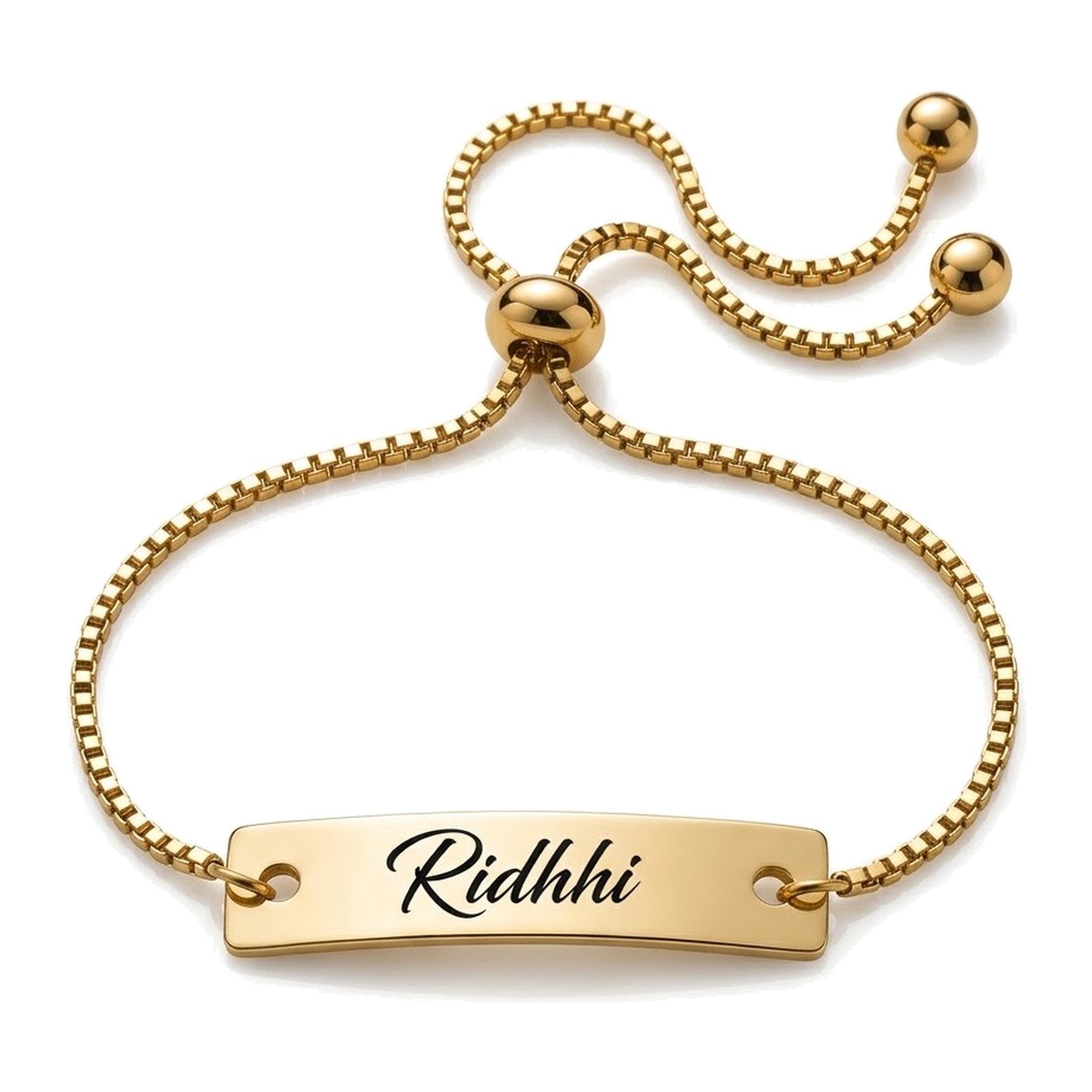 Personalised name bracelet for women with an adjustable gold box chain and engraved bar
