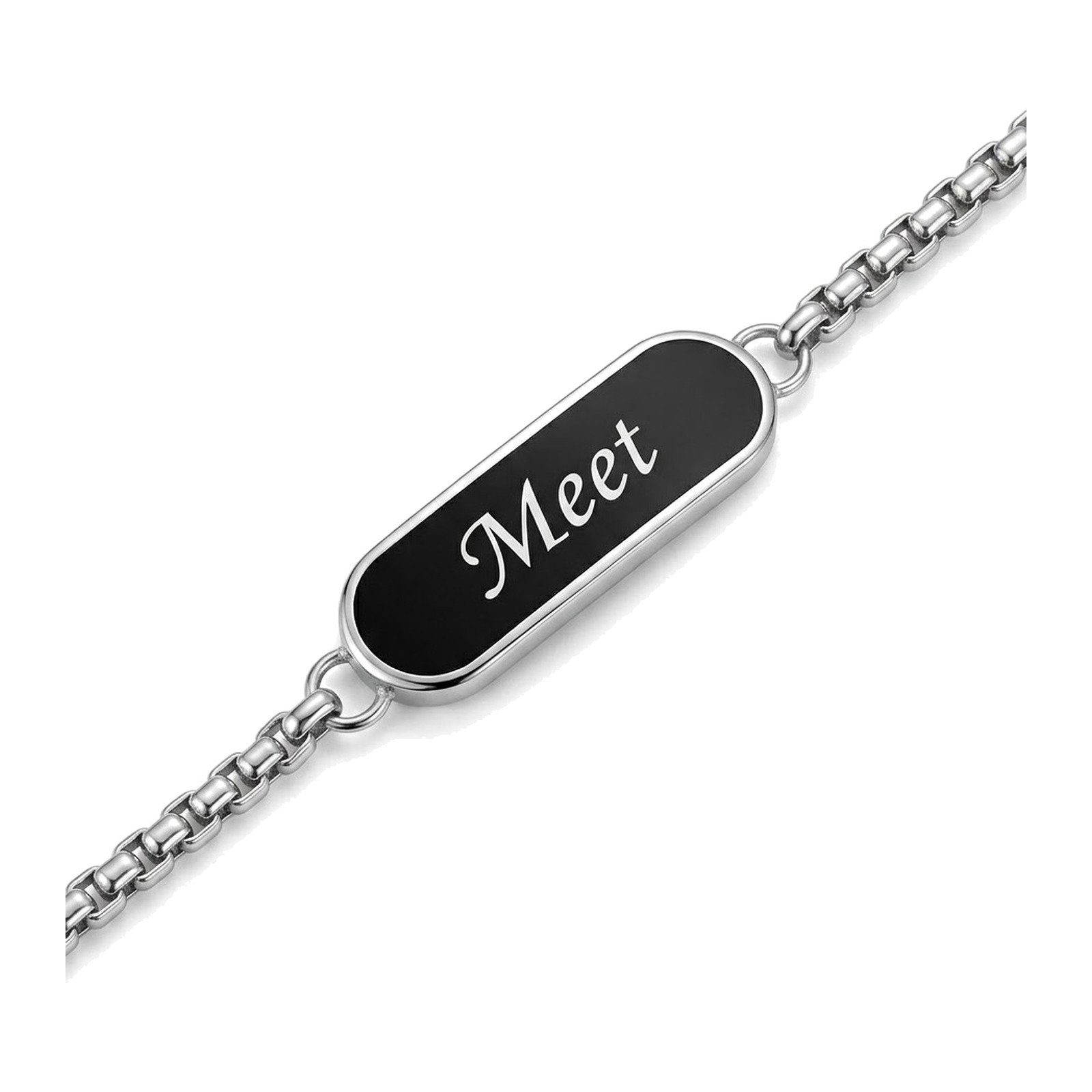 Engraved name bracelet for men with a slim oval bar on a fine silver rolo chain
