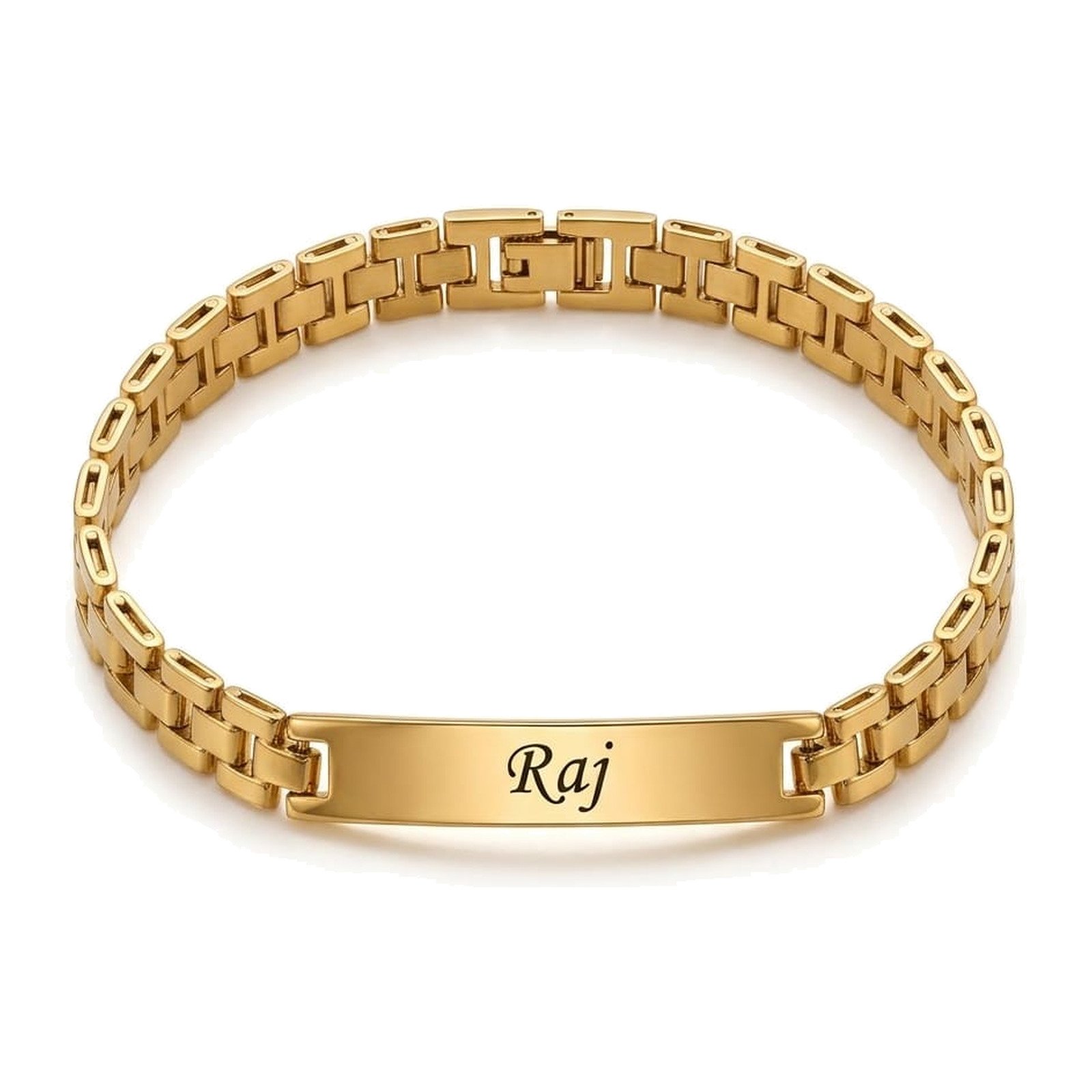 Custom name bracelet for men with a wide brass watch link band and engraved plate