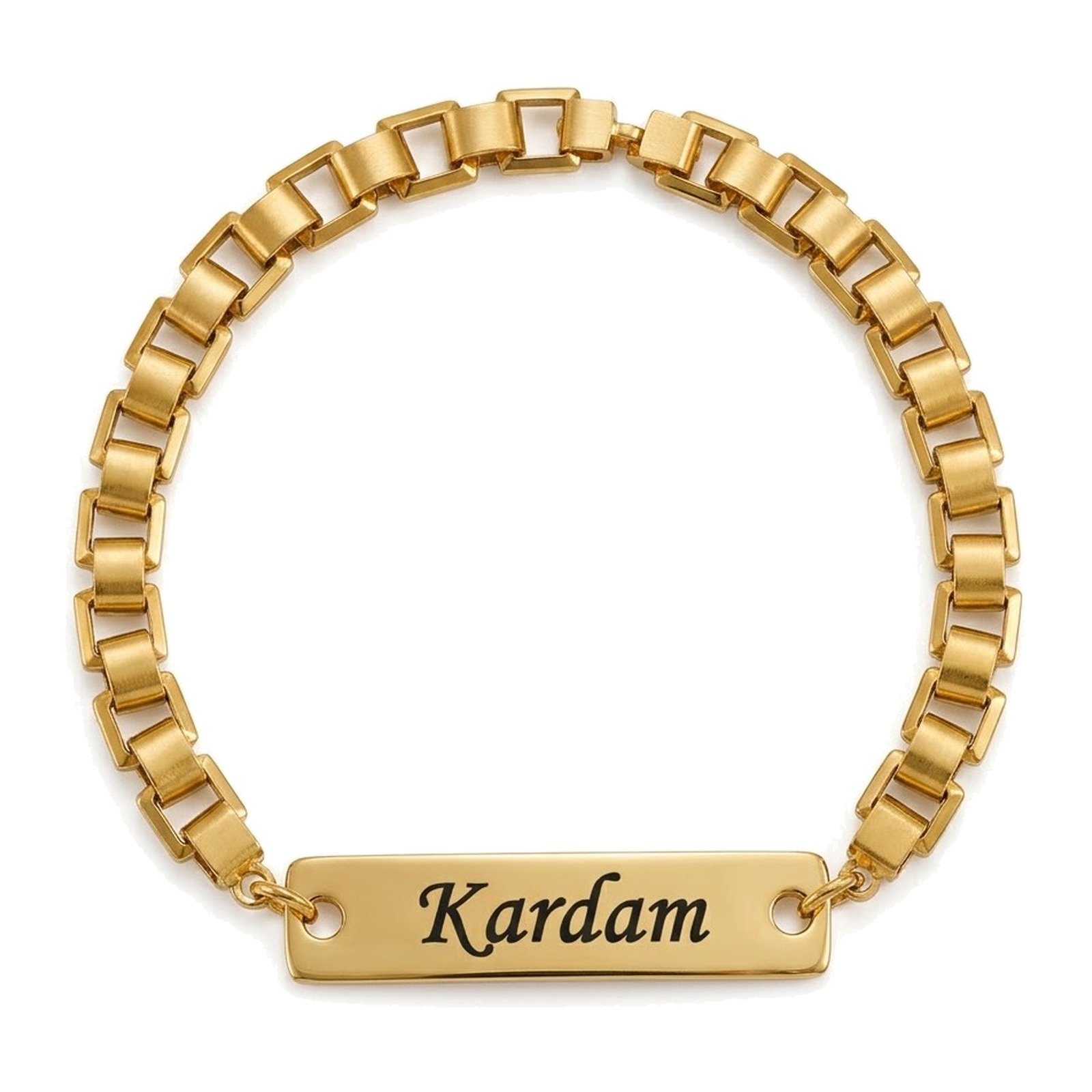 Engraved name bracelet gold finish on an imported square link box chain
