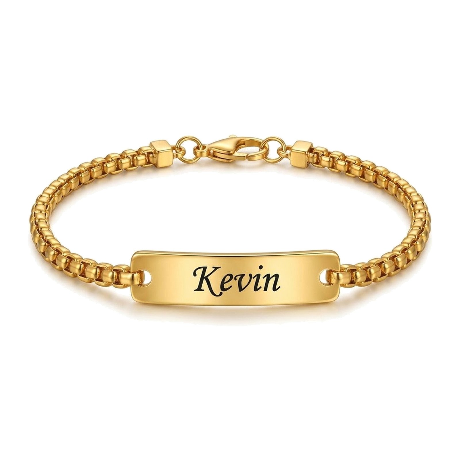 Slim name bracelet for men on a fine gold snake chain with engraved plate
